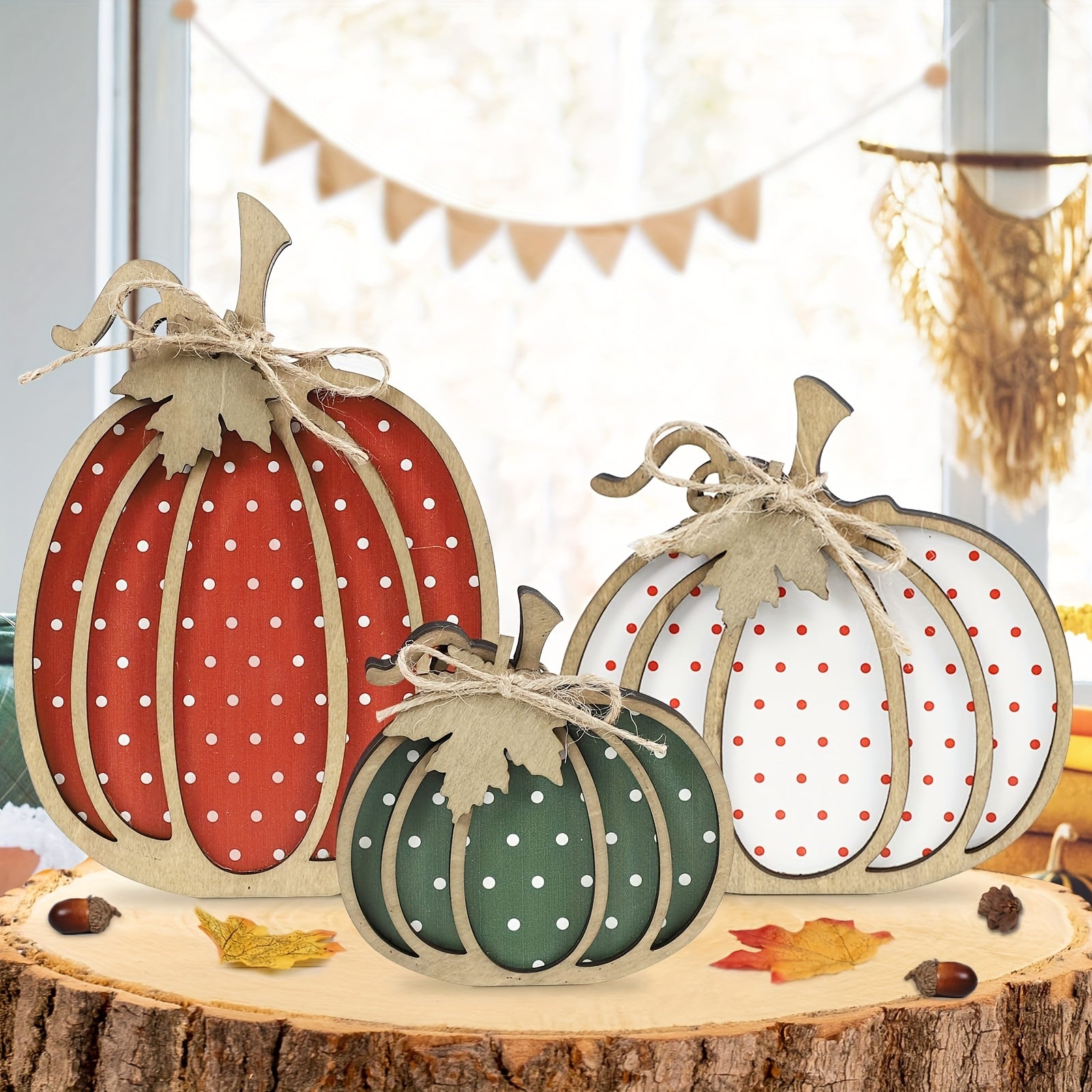 Rustic Farmhouse Wooden Polka Dot Pumpkin Trays - Multi-Size Artificial Wood Decor with Twine Rope Handles, White with Red Dots for Thanksgiving Harvest Season Home & Party Table Decorations, Thanksgiving Table Decor, Festive Rustic Farmhouse Wooden Polka Dot Pumpkin Trays - Multi-Size Artificial Wood Decor with Twine Rope Handles, White with Red Dots for Thanksgiving Harvest Season Home & Party Table Decorations, Thanksgiving Table Decor, Festive